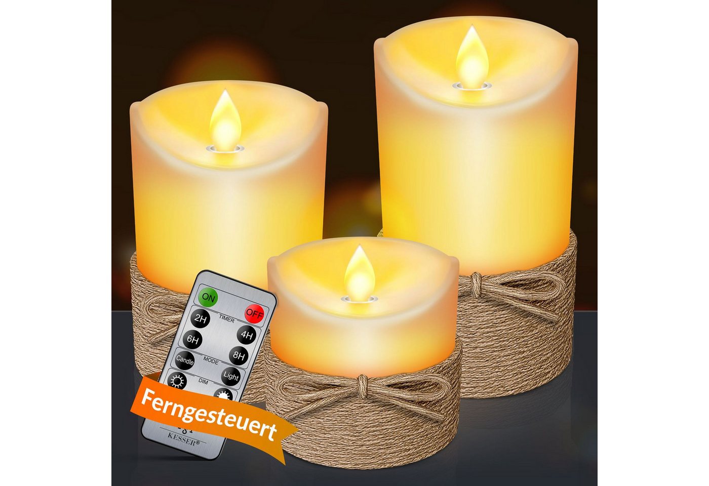 KESSER LED-Kerze, LED Kerzen 3er Set Flammenlose Kerze mit Fernbedienung Timer von KESSER