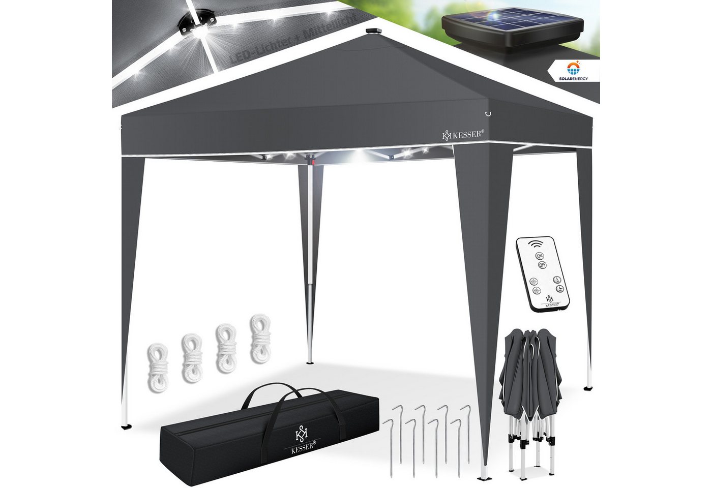 KESSER Pavillon, Faltpavillon 3x3m mit LED Beleuchtung Solar Fernbedienung von KESSER