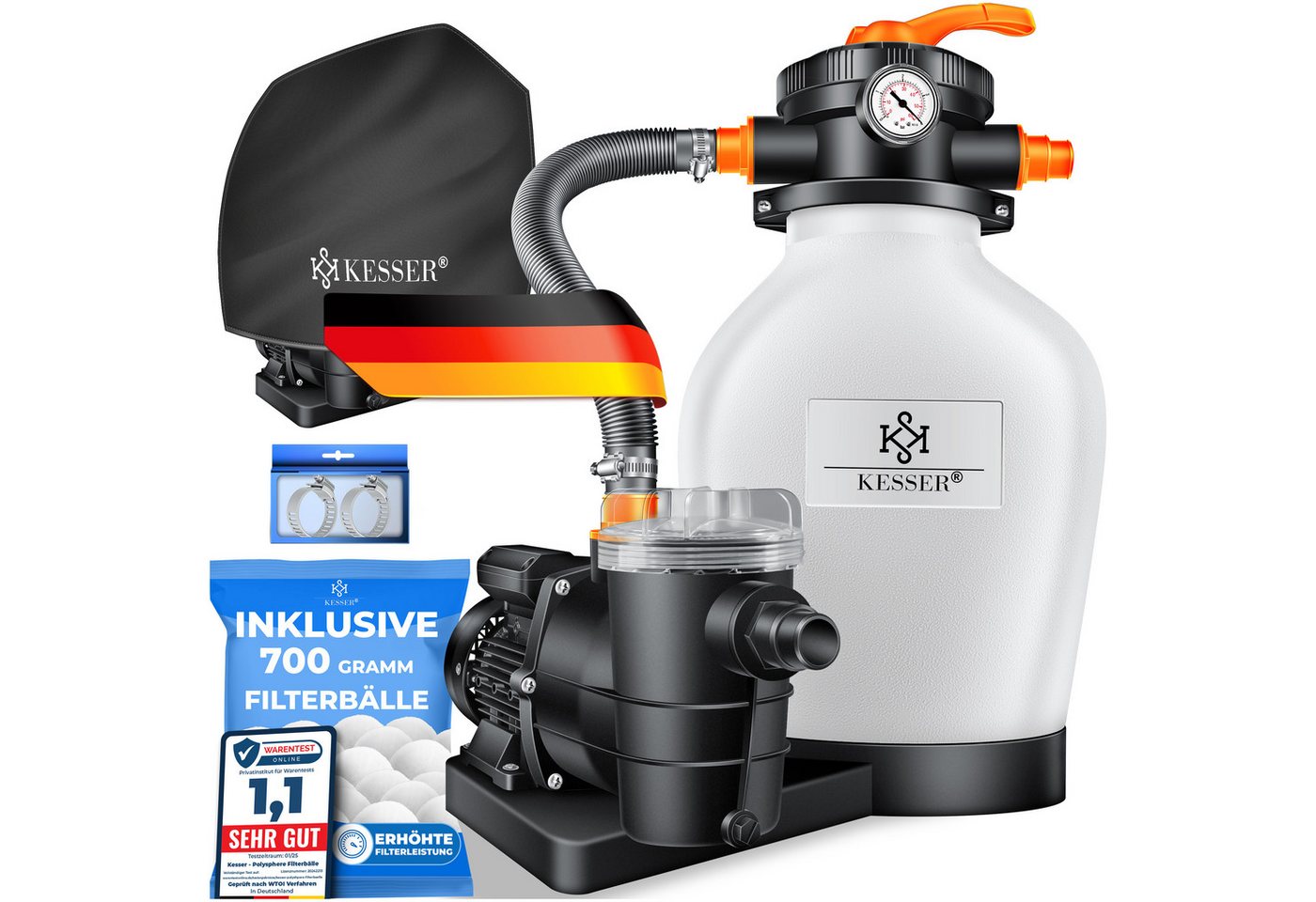 KESSER Sandfilteranlage 600W Sandfilter für Pools 10200L/h Durchfluss Poolfilter 7-Wege Ventil (Filteranlage mit Pumpe, 700g Filterbälle Druckmanometer, Abdeckung), Tankvolumen für bis 20kg Sand Professionelle Poolwasserfilterung von KESSER