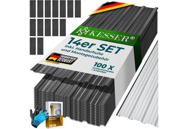 KESSER Trapezblech 14x Profilblech 110cm x 46cm = 7 m², Metall, (14er Set Dachbleche für Gerätehaus inklusive Montagehandschuhe) Dachplatten aus verzinktem Stahl 0,25mm von KESSER