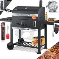 Grill Grillwagen bbq Smoker xxl Holzkohlegrill mit Deckel, Rädern, Edelstahl-Griff, Grillrost und Thermometer, 8 Spieße mit Tasche & Silikon-Pinsel, von KESSER