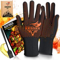 Grillhandschuhe hitzebeständig bis 500° Ofenhandschuhe Atmungsaktiv & mit rutschfestem Griff Topfhandschuhe aus Aramid-Gewebe Schwarz / Orange / m-l von KESSER