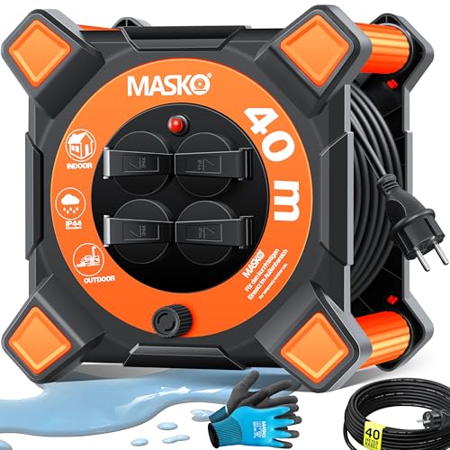 MASKO® Kabeltrommel 40m | Verlängerungskabel mit Schutzkontaktsteckdosen & Wickelgriff | Outdoor Kabelaufroller Thermoschutz | Gerätetrommel IP44 1000W ~ 3000W | inkl. Tragegriff und Montagehandschuhe von MASKO