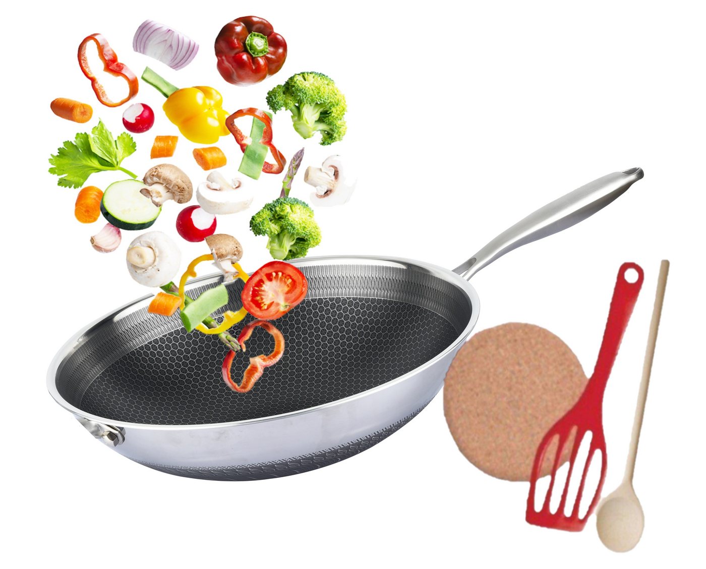 KESSMANN Bratpfanne Edelstahl Wokpfanne 32 cm 4tlg Induktion Bratpfanne Pfanne Set, Edelstahl (Set, 4-tlg., Inkl. 1 Pfannenwender + 1 Untersetzer + 1 Holzlöffel Antihaft), Wok Pfanne für alle Herdarten Hochrand Fanne Bräter Servierpfanne von KESSMANN