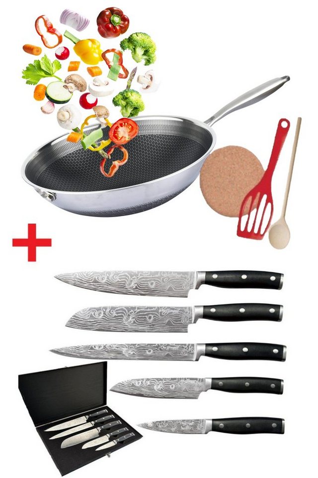 KESSMANN Bratpfanne Induktion Edelstahl Wokpfanne 32 cm 4tlg + Messerset 7tlg Wok, Edelstahl (Set, 11-tlg., Inkl. 1 Pfannenwender + 1 Untersetzer + 1 Holzlöffel Antihaft), Pfanne für alle Herdarten Bräter Kochbesteck Küchen Messer Set von KESSMANN