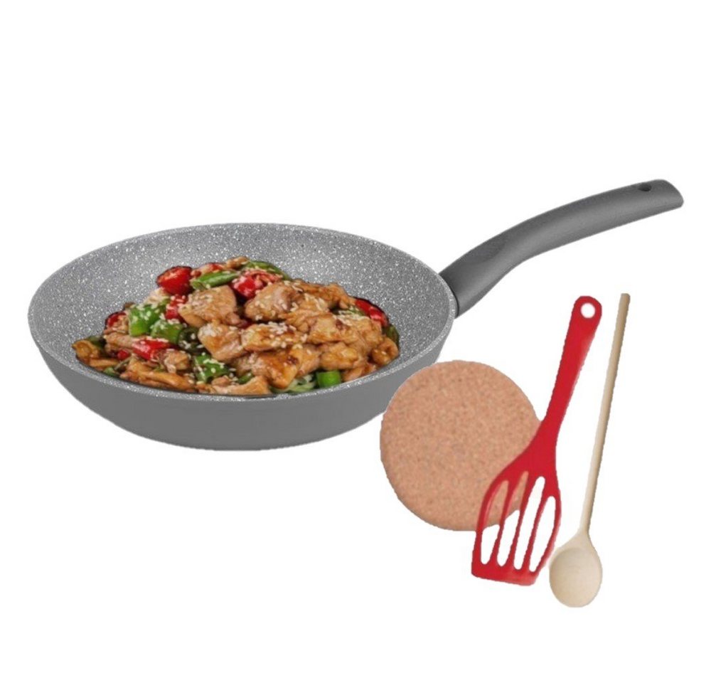 KESSMANN Bratpfanne Pfanne 24 cm 4tlg Induktionspfanne Bratpfanne für alle Herdarten, Aluminium (Set, 4-tlg., Inkl. 1 Pfannenwender + 1 Untersetzer + 1 Holzlöffel Antihaft), Pfannenset induktionsherd Kasserolle Hochrand Pfanne Kochpfanne Tiegel von KESSMANN