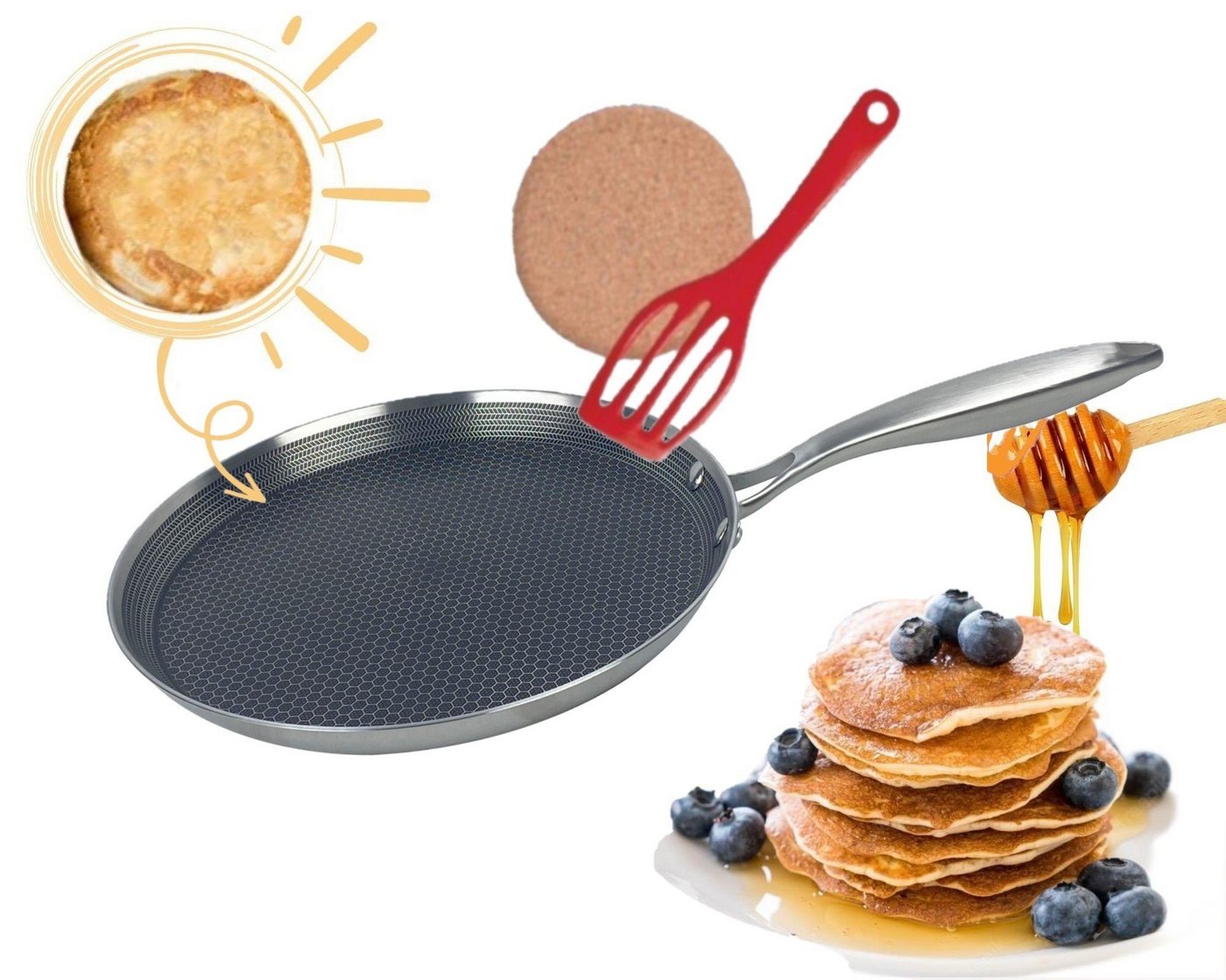 KESSMANN Crêpepfanne Hybrid Pfannkuchen Pfanne 28cm Spiegelei Crepe Ei Induktion Bratpfanne, Edelstahl (Set, 3-tlg., Inkl. 1 Filzeinlage + 1 Kork Untersetzer Egg Frying Crepes Antihaft), Induktionsgeeignet Pfannkuchen Fanne rund Crepe Maker flach Pancake von KESSMANN