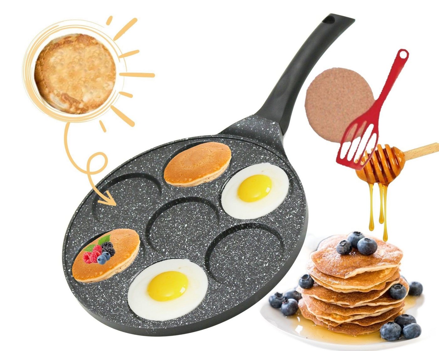 KESSMANN Crêpepfanne Induktion 7 Loch Crepe Pfanne 26 cm Aluminiumguss Induktionspfanne, Aluminium (Set, 26-tlg., Inkl 1 Pfannenwender + 1 Kork Untersetzer 3 teilig Egg Frying Antihaft), Induktionsgeeignet Pfannkuchen Fanne rund Crepe Maker flach Pancake von KESSMANN