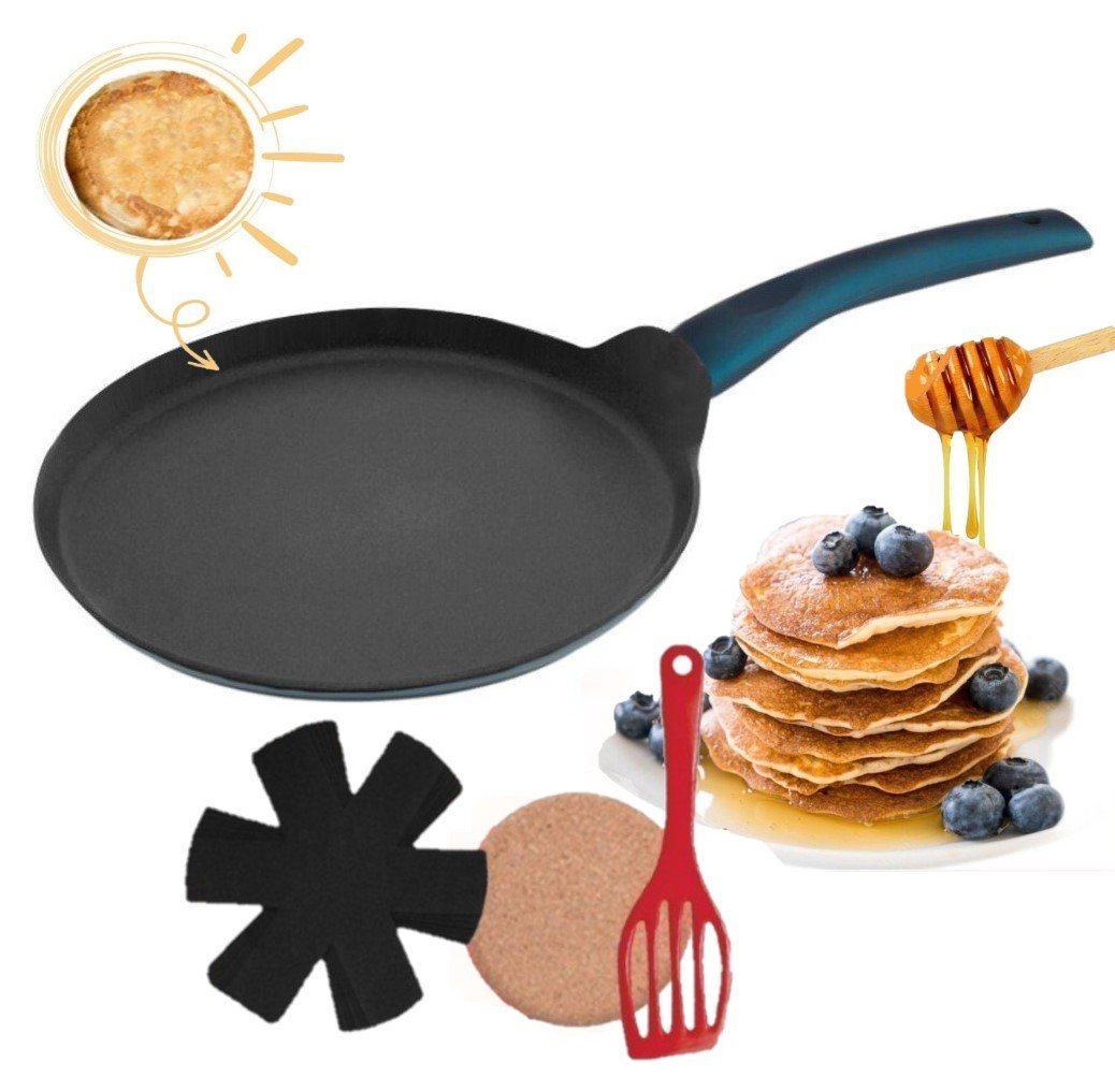 KESSMANN Crêpepfanne Induktion Crepe Pfanne 24 cm Aluminiumguss Induktionspfanne, Aluminium (Inkl. 1 Filzeinlage + 1 Kork Untersetzer Egg Frying Crepes Antihaft, 4-tlg., Set), Induktionsgeeignet Pfannkuchen Fanne rund Crepe Maker flach Pancake von KESSMANN