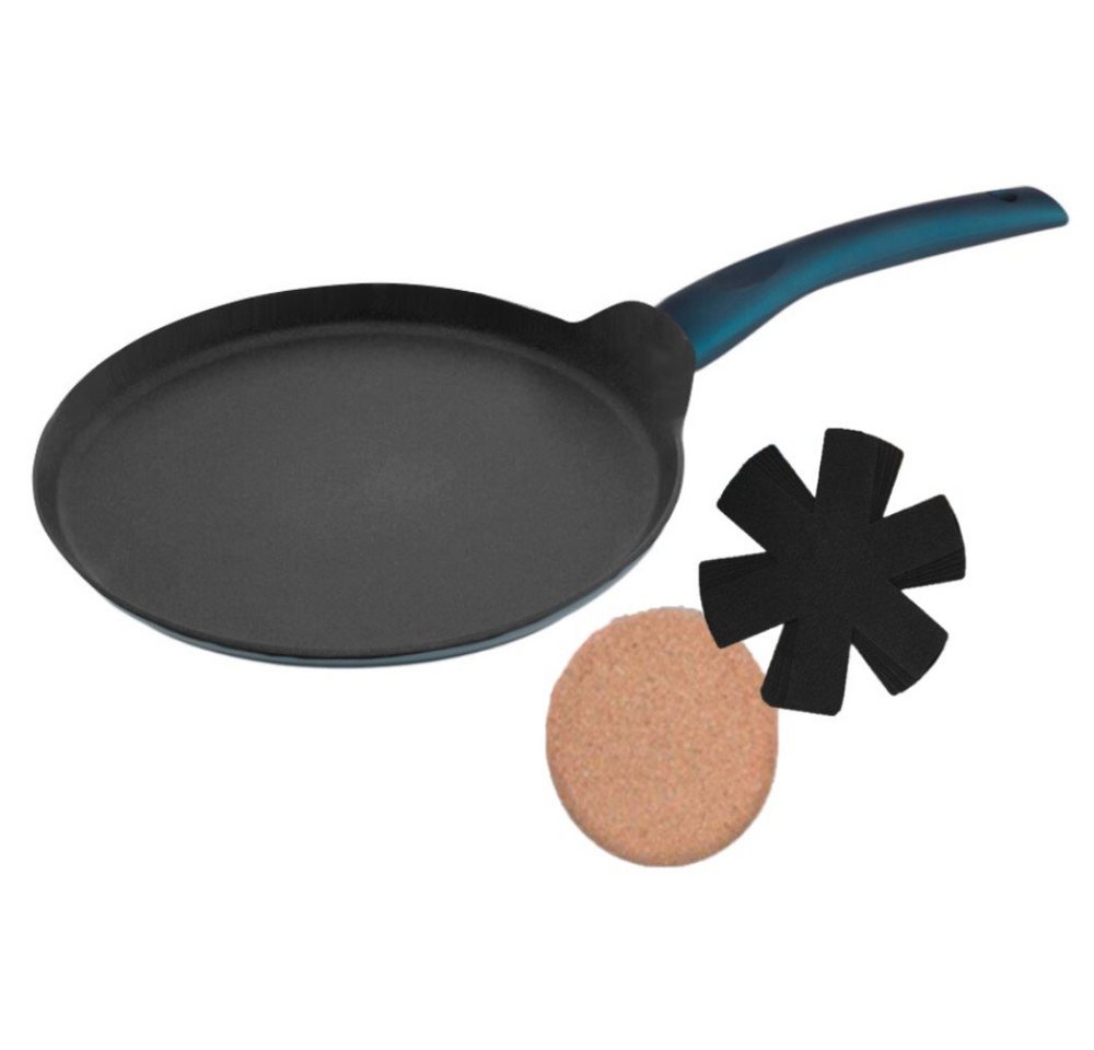 KESSMANN Crêpepfanne Induktion Crepe Pfanne 24 cm Aluminiumguss Induktionspfanne, Aluminium (Set, 3-tlg., Inkl. 1 Filzeinlage + 1 Kork Untersetzer Egg Frying Crepes Antihaft), Induktionsgeeignet Pfannkuchen Fanne rund Crepe Maker flach Pancake von KESSMANN