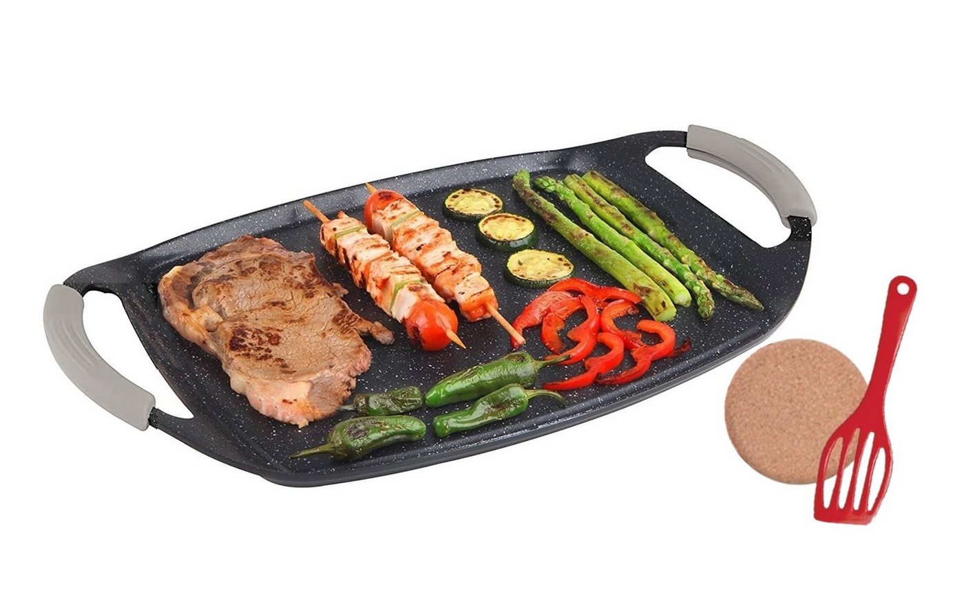 KESSMANN Grillplatte Induktion Grillplatte Ø 47cm Bratplatte BBQ Grill für alle Herdarten (Set, 3-St., zum Aufsetzen auf Holzkohlegrill/Gasgrill, Ofen & Herd Campinggrill), eckige Grillschale Grillpfanne Wendeplatte Raclette grillen Antihaft von KESSMANN