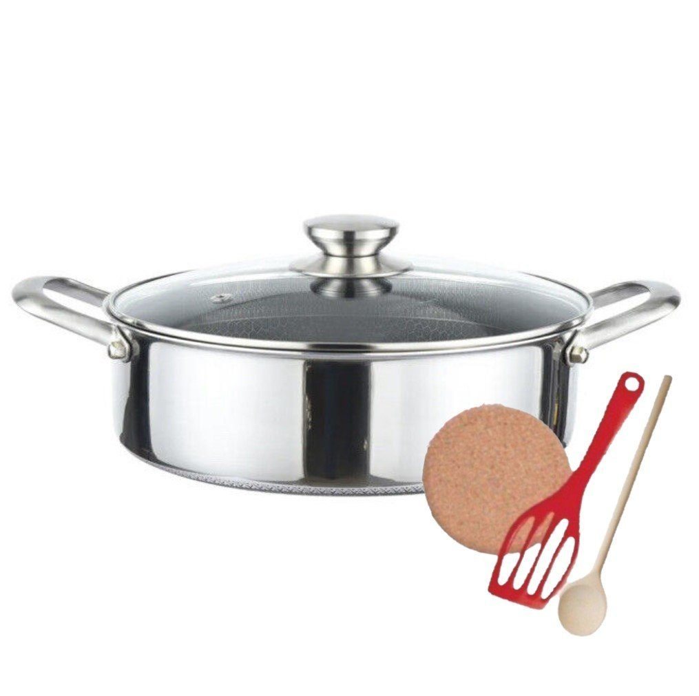 KESSMANN Kasserolle Edelstahl Schmorpfanne 24cm m. Deckel 5tlg Kasserolle Pfanne Induktion, Edelstahl (Set, 5-tlg., Inkl. 1 Pfannenwender + 1 Untersetzer + 1 Holzlöffel Antihaft Braten), Bratpfanne Servierpfanne Kochpfanne Pfannenset Fanne Bräter rostfrei von KESSMANN