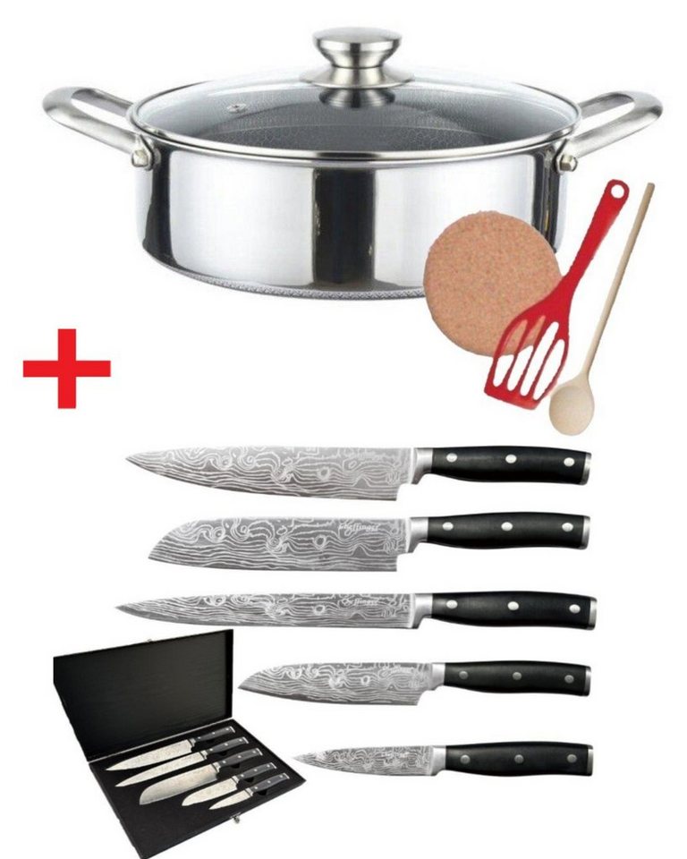 KESSMANN Kasserolle Edelstahl Induktion Schmorpfanne 28cm mit Deckel 5tlg + Messerset 6tlg, Edelstahl (Set, 11-tlg., Inkl. 1 Pfannenwender + 1 Untersetzer + 1 Holzlöffel -11 TEILIG SET), Bratpfanne Pfanne Brattopf Pfannenset Topf Messerblock Kochbesteck von KESSMANN