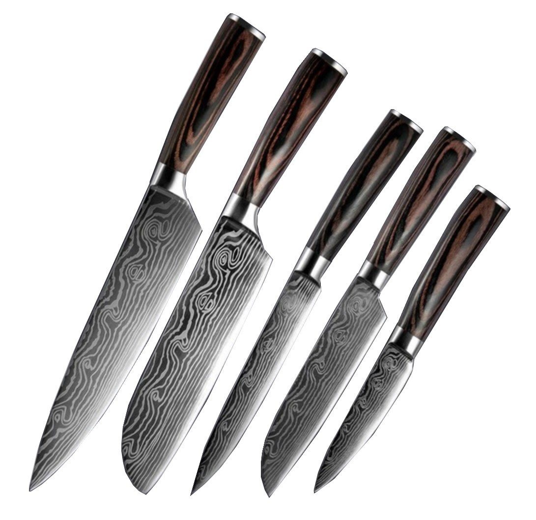 KESSMANN Messer-Set Edelstahl Profi Küchenmesser Set 5 teilig ultra scharf Messerset (Set, 5-tlg., Messer mit Laserschliff Damaskus Kochbesteck Küchenmesser Knife), Kochmesser Fleischmesser Santokumesser Schälmesser Allzweckmesser von KESSMANN