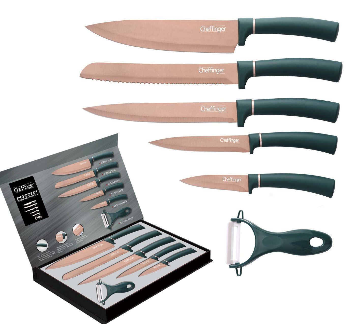 KESSMANN Messer-Set Profi Küchenmesser Set 6 teilig scharf Messerset + Messerbox Knife (Set, 6-tlg., Messerblock Organizer Kochbesteck Küchen Utensilien Messer Set), Kochmesser Fleischmesser Santokumesser Schälmesser Allzweckmesser von KESSMANN