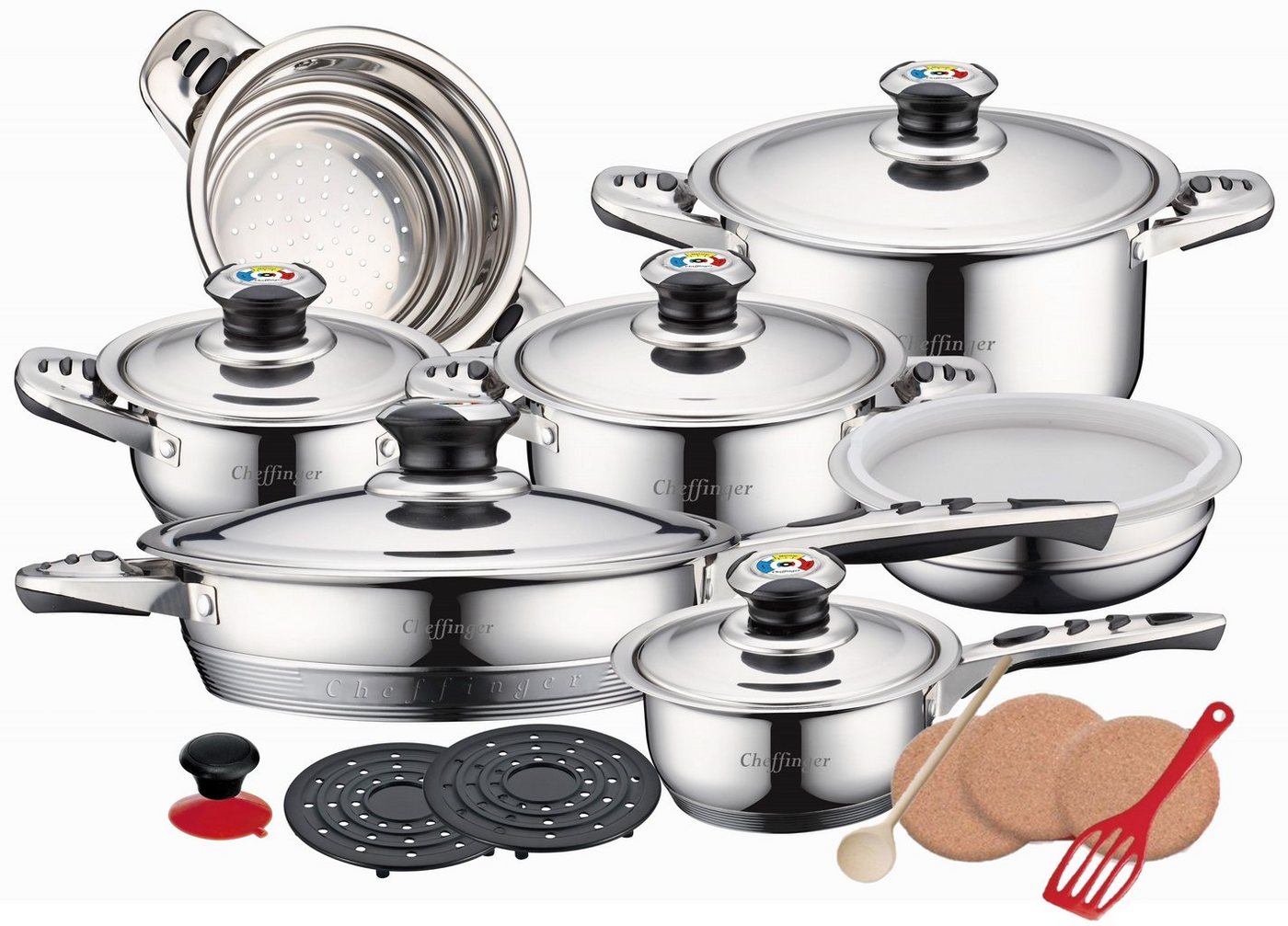 KESSMANN Pfannen-Set 3 Töpfe Ø 16 20 24 cm 1 Bratpfanne Ø 24 cm 1 Sauce Pfanne Ø 16 cm, 5x Deckel Ø 16cm Ø 20cm Ø 24cm Ø 24cm Ø 20cm Edelstahl 18/10 (Inkl. Zubehör Dunsteinsatz Ø 20cm + Rührschüssel mit Deckel Ø 20cm + Saugnapf + 5x Hitzebeständige Topfuntersetzern + 1x Pfannenwender von Fackelmann + 1x Holzlöffel - 21 TEILIGES MEGA SET - Induktion Edelstahlpfanne für Induktionsherd Antihaftbeschichtet hohe Beständigkeit Backofenfest kratzfest hoher Rand ohne Fett / Öl braten Fanne braten kochen Bratpfanne Set Küchenutensilien Utensilien zum Braten von Fisch, Fleisch und Gemüse wokpfanne mit Glasdeckel rostfrei Antihaftbeschichtung Pan Fanne Spülmaschinenfest hochrandpfanne Topf Geschirrset Sauce Pan Kochtopf Schmor Servierpfanne Brattopf Tiegel Milchtopf Grilltopf Gemüsetopf Frittiertopf Fonduetopf Einkochtopf Dampfgartopf Sauteuse Schnellkochtopf Simmertopf Spaghettitopf, 21-tlg., Spargeltopf Suppentopf Wasserkesselschmortopf Suppentopf), Bratpfannenset Induktionsgeeignet Kochpfanne Pfannenset Fanne von KESSMANN