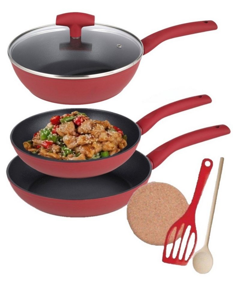 KESSMANN Pfannen-Set Bratpfanne 20cm 24 cm & Hochrandpfanne 24 cm mit Deckel 7tlg Induktion, Aluminium (Set, 7-tlg., Inkl 1 Pfannenwender + 1 Untersetzer + 1 Holzlöffel Antihaft rostfrei), Pfannenset Hochrand Pfanne Induktionsherd Kasserolle Bratpfanne Bräter von KESSMANN