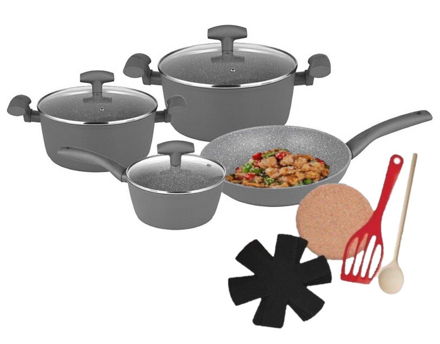 KESSMANN Pfannen-Set Bratpfanne 24 cm + Stieltopf 16 cm + 2 Brattöpfe 20 24 cm + 3 Deckel, Aluminium (Set, 13-tlg., Inkl. 3 Filzeinlagen + 1 Pfannenwender + 1 Untersetzer + 1 Holzlöffel), Topfset Pfannenset Hochrand Pfanne Induktionsherd Fleischtopf Topf von KESSMANN