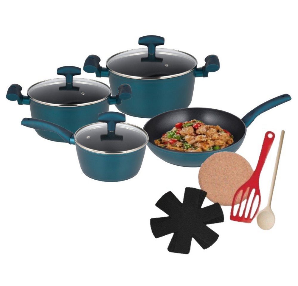 KESSMANN Pfannen-Set Bratpfanne 24 cm + Stieltopf 16 cm + 2 Brattöpfe 20 24 cm + 3 Deckel, Aluminiumguss (Set, 13-tlg., Inkl. 3 Filzeinlagen + 1 Pfannenwender + 1 Untersetzer + 1 Holzlöffel), Topfset Pfannenset Hochrand Pfanne Induktionsherd Fleischtopf Topf von KESSMANN