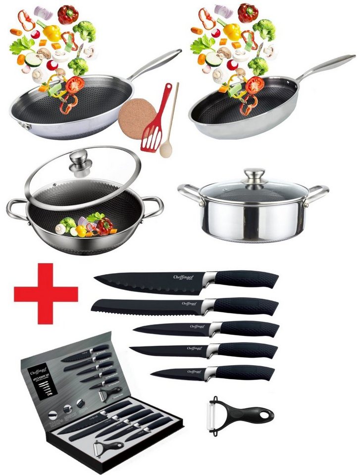 KESSMANN Pfannen-Set Bratpfanne Wok Kasserolle Servierpfanne Deckel 9tlg + Messerset 6tlg, Edelstahl (Set, 15-tlg., Inkl. 1 Pfannenwender + 1 Kork Untersetzer + 1 Holzlöffel Antihaft), Pfanne Schmorpfanne Pfannenset Topf Messerblock Induktionsherd Messer von KESSMANN