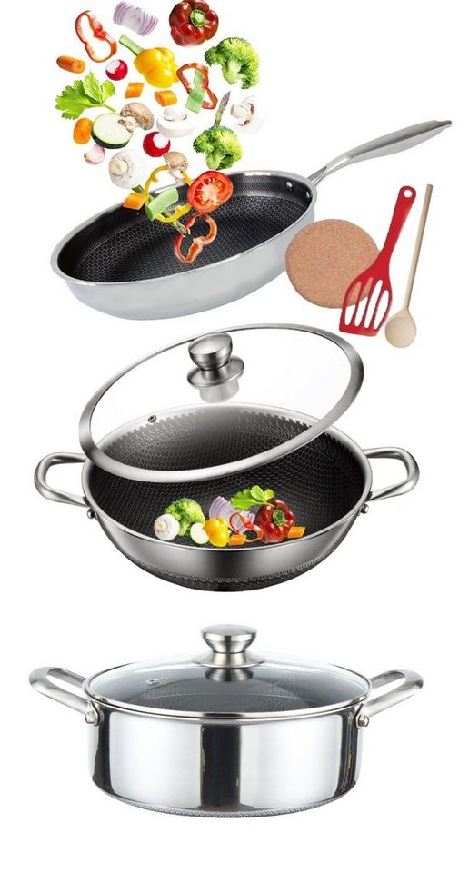 KESSMANN Pfannen-Set Induktion Bratpfanne 28cm + Wok 32cm + Kasserolle 28cm + 2 Glasdeckel, Edelstahl (Set, 8-tlg., Inkl. 1 Pfannenwender + 1 Untersetzer + 1 Holzlöffel Antihaft), Pfanne Schmorpfanne Pfannenset Topf rostfrei Topfset Induktionsherd von KESSMANN