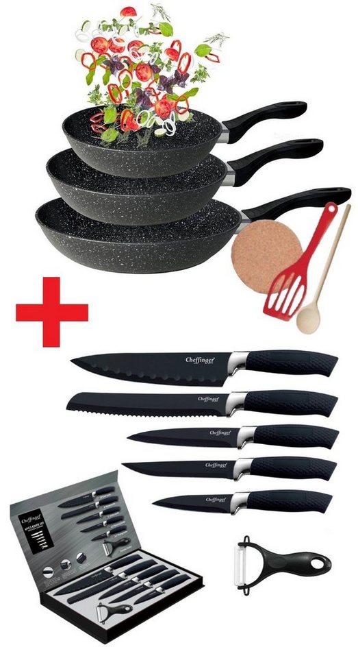 KESSMANN Pfannen-Set Induktion Pfannen 20cm 24cm 28cm mit Zubehör 6tlg + Messerset 6tlg, Aluminium (Set, 12-tlg., Inkl. 1 Pfannenwender + 1 Kork-Untersetzer + 1 Holzlöffel Antihaft), Pfannenset alle Herdarten Induktionsherd Messerblock Küchen Messer von KESSMANN