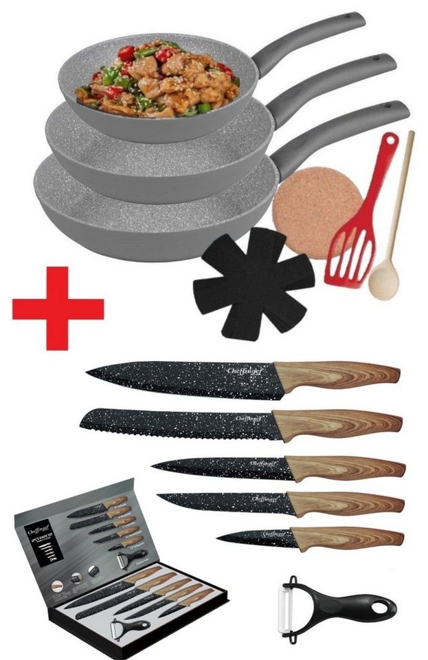 KESSMANN Pfannen-Set Induktion Bratpfannen 9tlg + Küchen Messerset 6tlg -KOMPLETT SET-, Aluminium (Set, 15-tlg., Inkl 1 Pfannenwender + 1 Untersetzer + 1 Löffel + 3 Einlagen Antihaft), Küchen Messer Set Messerblock Pfanne Pfannenset Knife Induktionsherd von KESSMANN