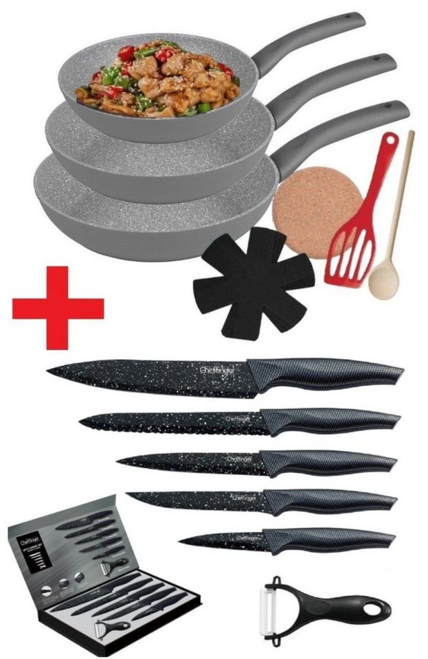 KESSMANN Pfannen-Set Induktion Bratpfannen 9tlg + Küchen Messerset 6tlg -KOMPLETT SET-, Aluminium (Set, 15-tlg., Inkl 1 Pfannenwender + 1 Untersetzer + 1 Löffel + 3 Einlagen Antihaft), Induktionsherd Schmorpfanne Kochpfanne Pfannenset Pfanne Fanne von KESSMANN