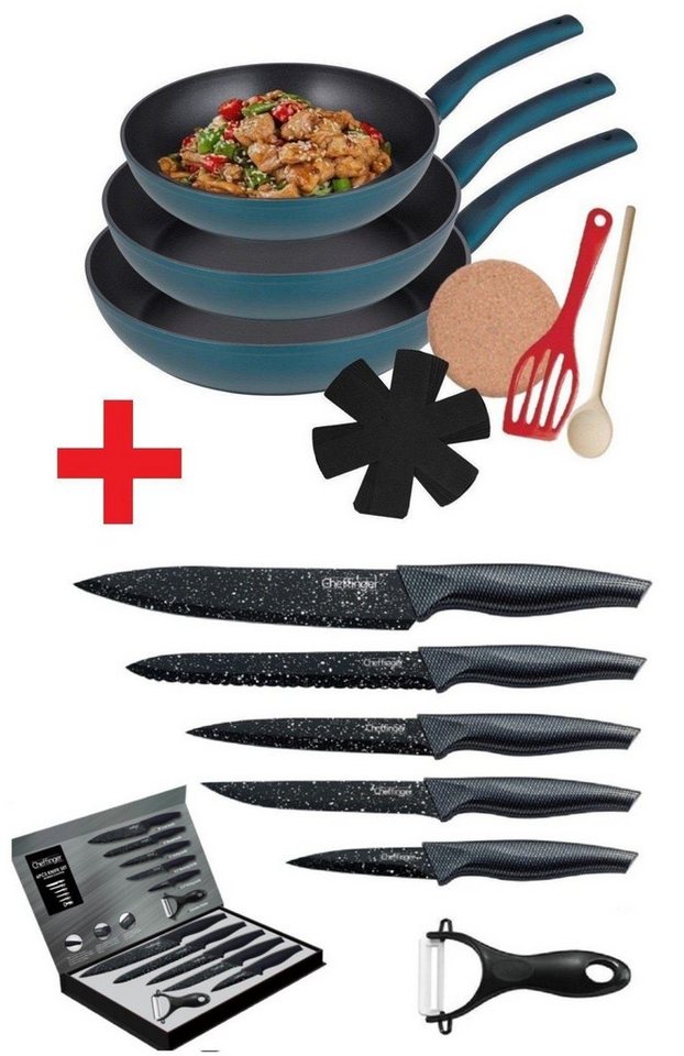 KESSMANN Pfannen-Set Induktion Bratpfannen 9tlg + Küchen Messerset 6tlg -KOMPLETT SET-, Aluminium (Set, 15-tlg., Inkl 1 Pfannenwender + 1 Untersetzer + 1 Löffel + 3 Einlagen Antihaft), Induktionsherd Schmorpfanne Kochpfanne Pfannenset Pfanne Fanne von KESSMANN