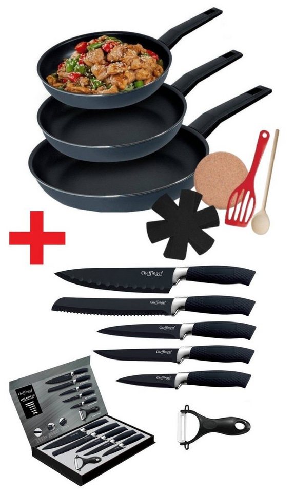 KESSMANN Pfannen-Set Induktion Bratpfannen 9tlg + Küchen Messerset 6tlg -KOMPLETT SET-, Aluminium (Set, 15-tlg., Inkl 1 Pfannenwender + 1 Untersetzer + 1 Löffel + 3 Einlagen Antihaft), Küchen Messer Set Messerblock Pfanne Pfannenset Knife Induktionsherd von KESSMANN