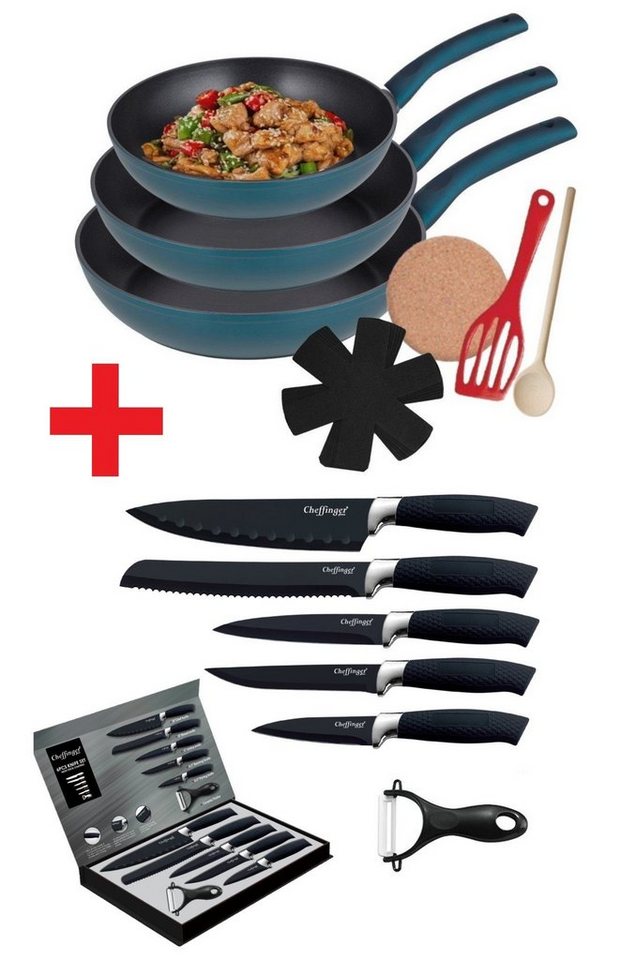 KESSMANN Pfannen-Set Induktion Bratpfannen 9tlg + Küchen Messerset 6tlg -KOMPLETT SET-, Aluminium (Set, 15-tlg., Inkl 1 Pfannenwender + 1 Untersetzer + 1 Löffel + 3 Einlagen Antihaft), Küchen Messer Set Messerblock Pfanne Pfannenset Knife von KESSMANN