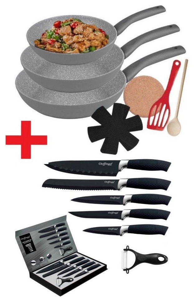 KESSMANN Pfannen-Set Induktion Pfannen 20cm 24cm 28cm mit Zubehör 6tlg + Messerset 6tlg, Aluminium (Set, 12-tlg., Inkl. 1 Wender + 1 Kork-Untersetzer + 1 Holzlöffel Antihaft rostfrei), Pfannenset alle Herdarten Induktionsherd Messerblock Küchen Messer von KESSMANN