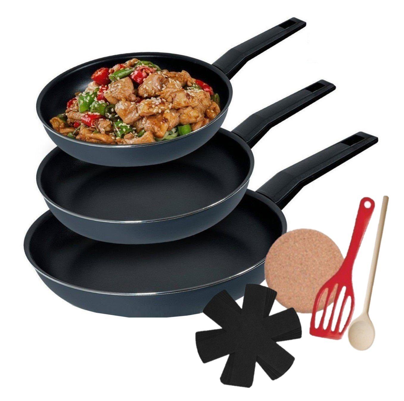 KESSMANN Pfannen-Set Induktion Bratpfannne 20cm 24cm 28cm 9tlg Pfannen für alle Herdarten, Aluminium (Set, 9-tlg., Inkl. 3 Filzeinlagen + 1 Pfannenwender + 1 Untersetzer + 1 Holzlöffel), Pfannenset induktionsherd Kasserolle Hochrand Pfanne Kochpfanne Tiegel von KESSMANN