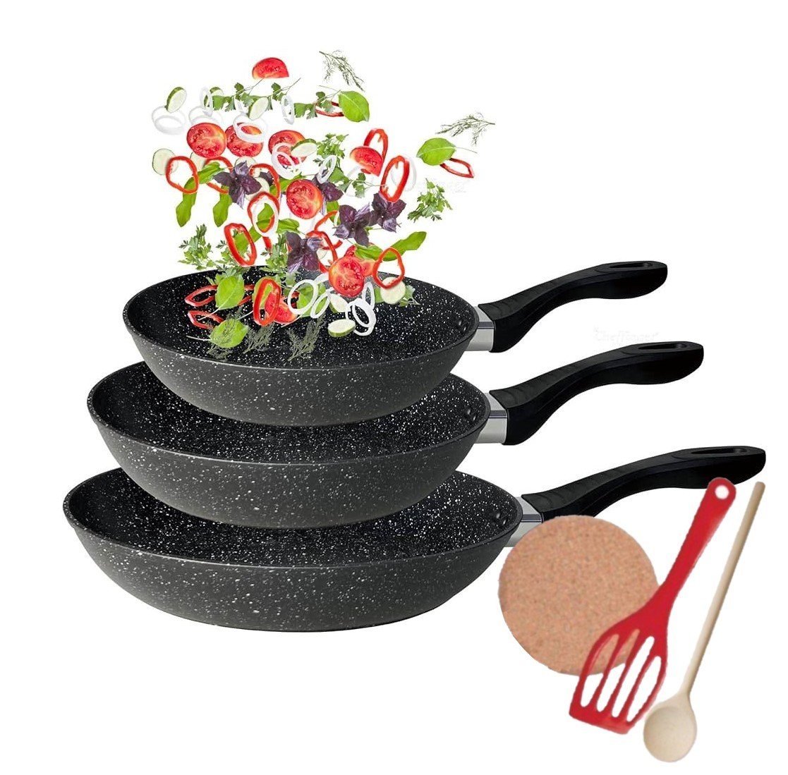 KESSMANN Pfannen-Set Induktion Pfannen 20cm 24cm 28cm 6tlg Bratpfanne für alle Herdarten, Aluminium (Set, 6-tlg., Inkl. 1 Pfannenwender + 1 Untersetzer + 1 Holzlöffel Antihaft), Pfannenset induktionsherd Kasserolle Hochrand Pfanne Kochpfanne Tiegel von KESSMANN