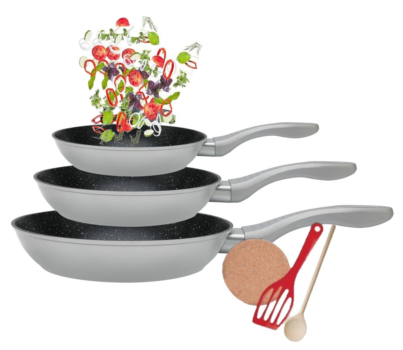 KESSMANN Pfannen-Set Induktion Pfannen 20cm 24cm 28cm 6tlg Bratpfanne für alle Herdarten, Aluminium (Set, 6-tlg., Inkl. 1 Pfannenwender 1 Untersetzer 1 Löffel Antihaft Ofenfest Pfanne), Bratpfannenset Kochpfanne Pfannenset Induktionsherd hoher Rand Fanne von KESSMANN