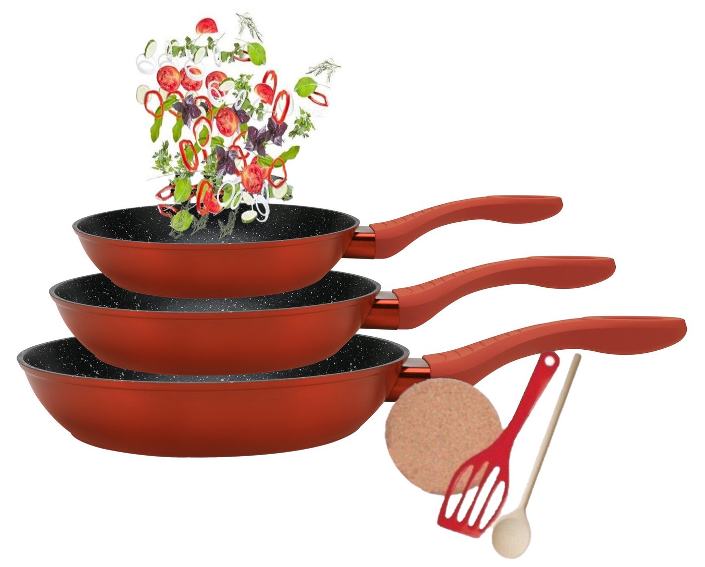 KESSMANN Pfannen-Set Induktion Pfannen 20cm 24cm 28cm 6tlg Bratpfanne für alle Herdarten, Aluminium (Set, 6-tlg., Inkl 1 Pfannenwender + 1 Untersetzer Antihaft Ofenfest rostfrei Pfanne), Bratpfannenset Kochpfanne Pfannenset Induktionsherd hoher Rand Fanne von KESSMANN