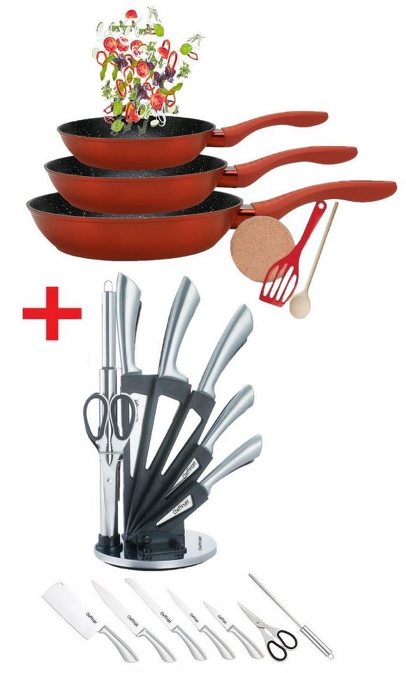 KESSMANN Pfannen-Set Induktion Pfannen 20cm 24cm 28cm mit Zubehör 6tlg + Kochbesteck 8tlg, Aluminium (Set, 14-tlg., Inkl. 1 Pfannenwender + 1 Untersetzer + 1 Löffel + Küchen Organizer), Pfannenset alle Herdarten Induktionsherd Messerblock Küchen Messer von KESSMANN