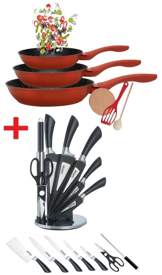 KESSMANN Pfannen-Set Induktion Pfannen 20cm 24cm 28cm mit Zubehör 6tlg + Kochbesteck 8tlg, Aluminium (Set, 14-tlg., Inkl. 1 Pfannenwender + 1 Untersetzer + 1 Löffel + Küchen Organizer), Pfannenset alle Herdarten Induktionsherd Messerblock Küchen Messer von KESSMANN