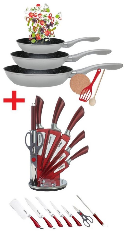 KESSMANN Pfannen-Set Induktion Pfannen 20cm 24cm 28cm mit Zubehör 6tlg + Kochbesteck 8tlg, Aluminium (Set, 14-tlg., Inkl. 1 Pfannenwender + 3 Untersetzer + 1 Löffel + Küchen Organizer), Pfannenset Kochgeschirr Messerblock Kochutensilien Küchenhelfer Set von KESSMANN