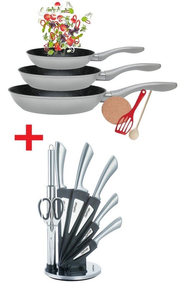 KESSMANN Pfannen-Set Induktion Pfannen 20cm 24cm 28cm mit Zubehör 6tlg + Kochbesteck 8tlg, Aluminium (Set, 14-tlg., Inkl. 1 Pfannenwender + 3 Untersetzer + 1 Löffel + Küchen Organizer), Pfannenset Kochgeschirr Messerblock Kochutensilien Küchenhelfer Set von KESSMANN