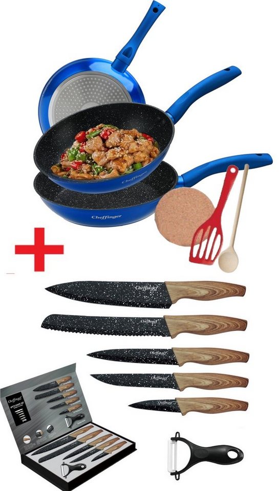 KESSMANN Pfannen-Set Induktion Pfannen 20cm 24cm 28cm mit Zubehör 6tlg + Messerset 6tlg, Aluminium (Set, 12-tlg., Inkl. 1 Pfannenwender + 1 Kork-Untersetzer + 1 Holzlöffel Antihaft), Pfannenset alle Herdarten Induktionsherd Messerblock Küchen Messer von KESSMANN