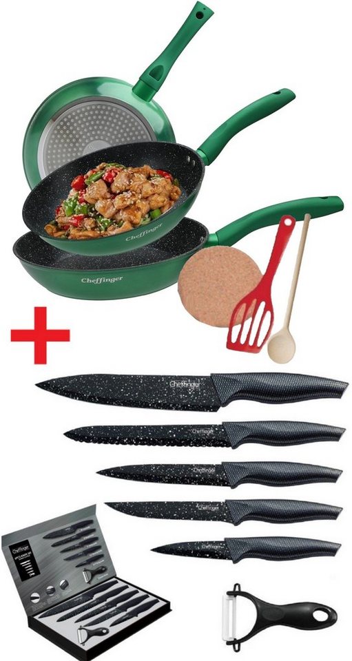 KESSMANN Pfannen-Set Induktion Pfannen 20cm 24cm 28cm mit Zubehör 6tlg + Messerset 6tlg, Aluminium (Set, 12-tlg., Inkl. 1 Pfannenwender + 1 Kork-Untersetzer + 1 Holzlöffel Antihaft), Pfannenset alle Herdarten Induktionsherd Messerblock Küchen Messer von KESSMANN