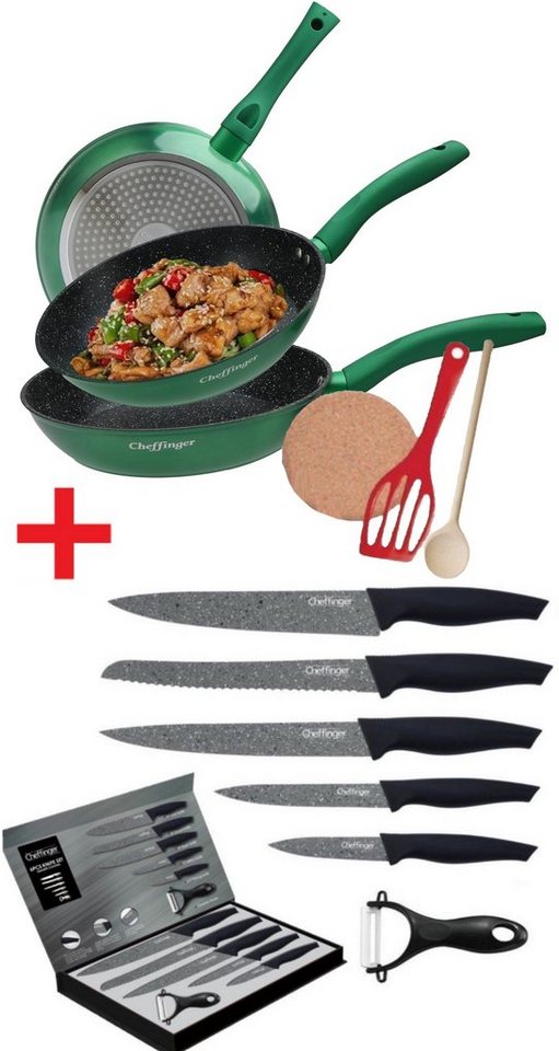 KESSMANN Pfannen-Set Induktion Pfannen 20cm 24cm 28cm mit Zubehör 6tlg + Messerset 6tlg, Aluminium (Set, 12-tlg., Inkl. 1 Pfannenwender + 1 Kork-Untersetzer + 1 Holzlöffel Antihaft), Pfannenset alle Herdarten Induktionsherd Messerblock Küchen Messer von KESSMANN