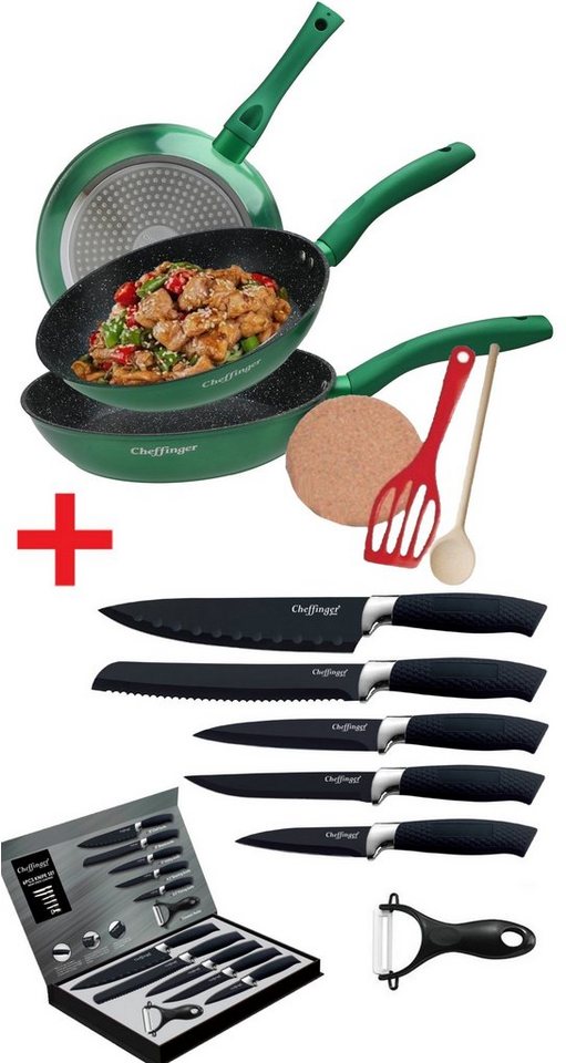 KESSMANN Pfannen-Set Induktion Pfannen 20cm 24cm 28cm mit Zubehör 6tlg + Messerset 6tlg, Aluminium (Set, 12-tlg., Inkl. 1 Pfannenwender + 1 Kork-Untersetzer + 1 Holzlöffel Antihaft), Pfannenset alle Herdarten Induktionsherd Messerblock Küchen Messer von KESSMANN