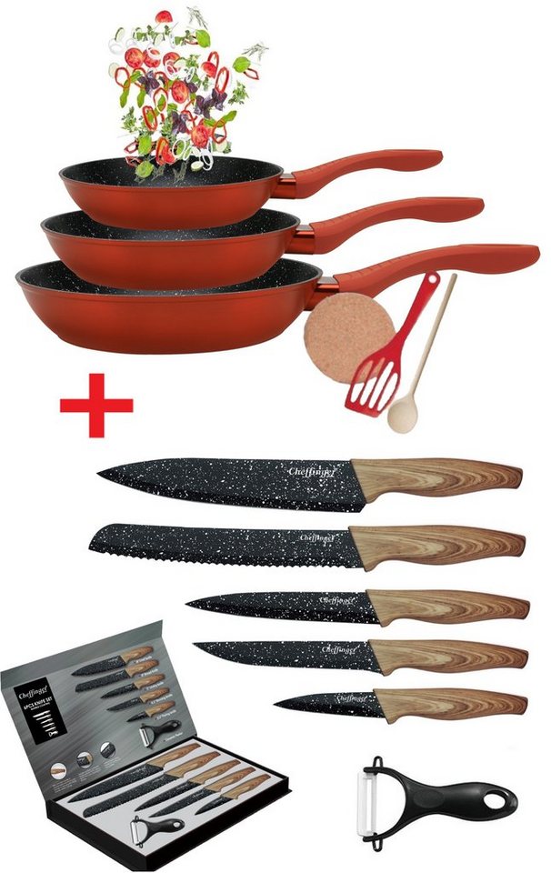 KESSMANN Pfannen-Set Induktion Pfannen 20cm 24cm 28cm mit Zubehör 6tlg + Messerset 6tlg, Aluminium (Set, 12-tlg., Inkl. 1 Pfannenwender + 1 Kork-Untersetzer + 1 Holzlöffel Antihaft), Pfannenset alle Herdarten Induktionsherd Messerblock Küchen Messer von KESSMANN