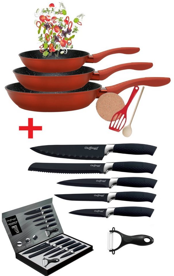 KESSMANN Pfannen-Set Induktion Pfannen 20cm 24cm 28cm mit Zubehör 6tlg + Messerset 6tlg, Aluminium (Set, 12-tlg., Inkl. 1 Pfannenwender + 1 Kork-Untersetzer + 1 Holzlöffel Antihaft), Pfannenset alle Herdarten Induktionsherd Messerblock Küchen Messer von KESSMANN