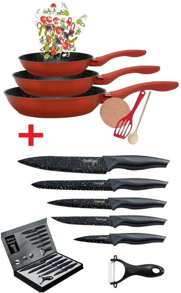 KESSMANN Pfannen-Set Induktion Pfannen 20cm 24cm 28cm mit Zubehör 6tlg + Messerset 6tlg, Aluminium (Set, 12-tlg., Inkl. 1 Pfannenwender + 1 Kork-Untersetzer + 1 Holzlöffel Antihaft), Pfannenset alle Herdarten Induktionsherd Messerblock Küchen Messer von KESSMANN