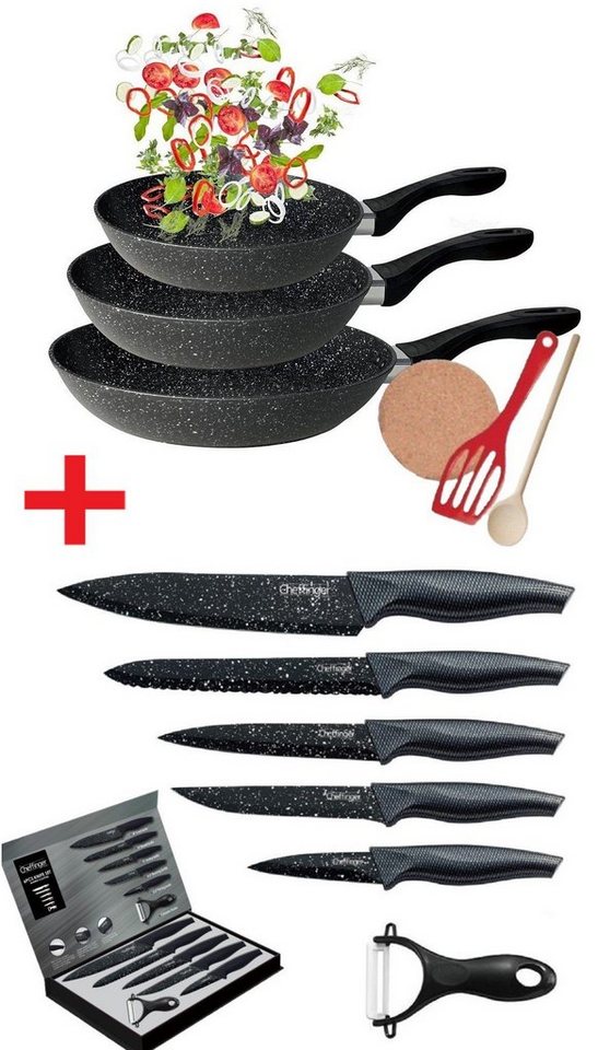 KESSMANN Pfannen-Set Induktion Pfannen 20cm 24cm 28cm mit Zubehör 6tlg + Messerset 6tlg, Aluminium (Set, 12-tlg., Inkl. 1 Pfannenwender + 1 Kork-Untersetzer + 1 Holzlöffel Antihaft), Pfannenset alle Herdarten Induktionsherd Messerblock Küchen Messer von KESSMANN