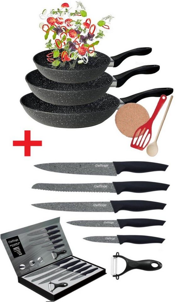 KESSMANN Pfannen-Set Induktion Pfannen 20cm 24cm 28cm mit Zubehör 6tlg + Messerset 6tlg, Aluminium (Set, 12-tlg., Inkl. 1 Pfannenwender + 1 Kork-Untersetzer + 1 Holzlöffel Antihaft), Pfannenset alle Herdarten Induktionsherd Messerblock Küchen Messer von KESSMANN