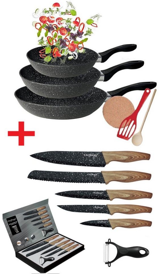 KESSMANN Pfannen-Set Induktion Pfannen 20cm 24cm 28cm mit Zubehör 6tlg + Messerset 6tlg, Aluminium (Set, 12-tlg., Inkl. 1 Pfannenwender + 1 Kork-Untersetzer + 1 Holzlöffel Antihaft), Pfannenset alle Herdarten Induktionsherd Messerblock Küchen Messer von KESSMANN